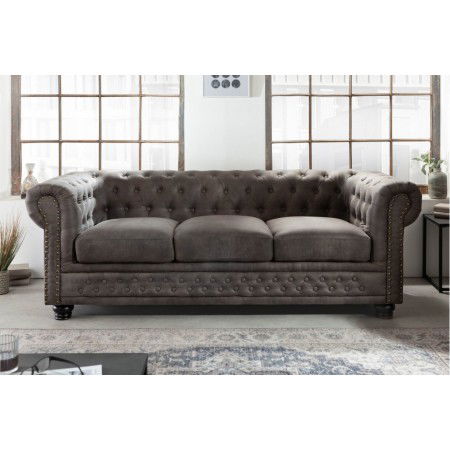 Canapé 3 places Chesterfield 205cm vintage gris taupe 3...