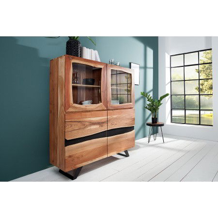 Buffet massif AMAZONAS 118cm acacia métal vitrine bord...