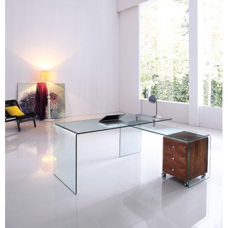Glas-Design-Schreibtisch mit Rücklauf und Ora-Fußgestell