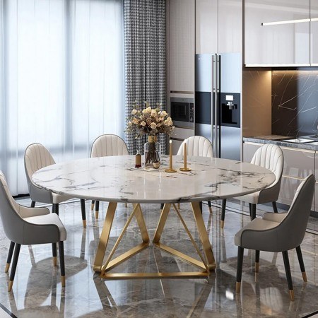 Table de salle à manger ronde moderne effet marbre blanc...