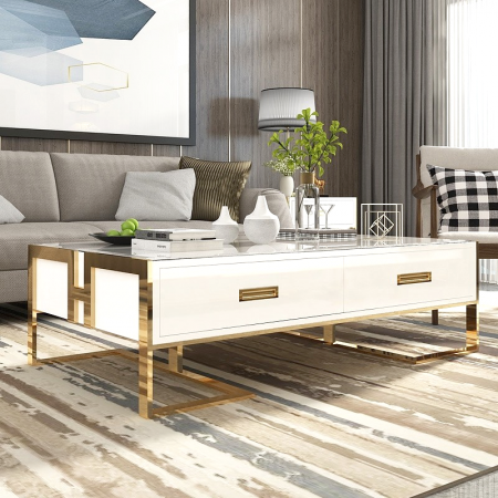 Tavolino bianco con cassetti base laccato oro Luxuria