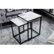 Set de 2 tables d'appoint design ELEGANCE 40cm blanc verre cristal avec décor marbre piétement noir