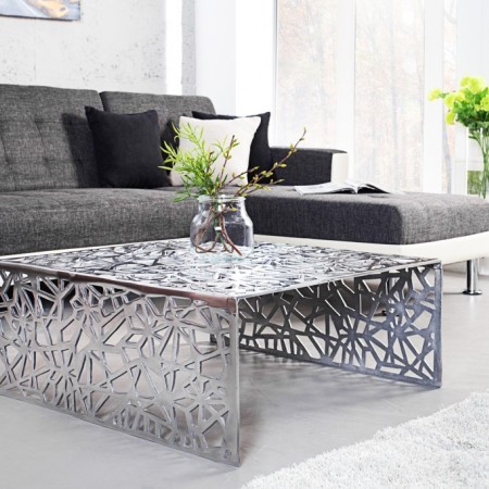 Table basse artisanale ABSTRACT 60cm en aluminium argenté...