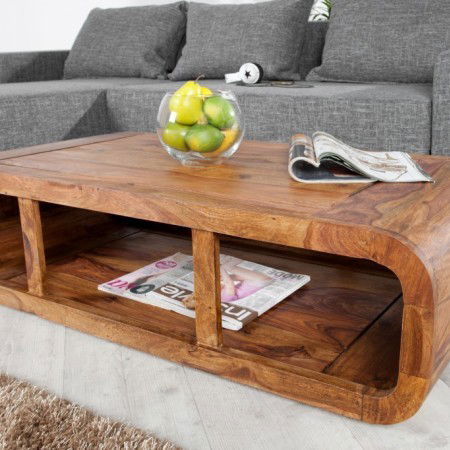 Massiver Couchtisch CURVED 100cm Sheesham Holz Stone...